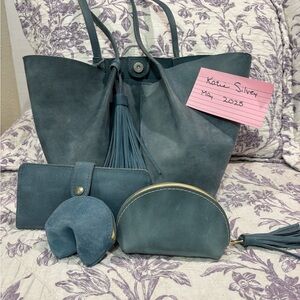 Portland Leather Blue Tote Bag Bundle